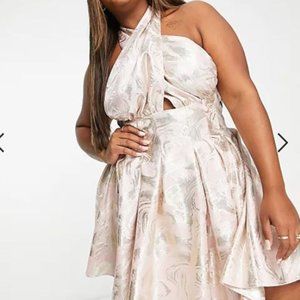 ASOS LUXE Curve halter neck mini jacquard swing dress in pink & silver Plus 22